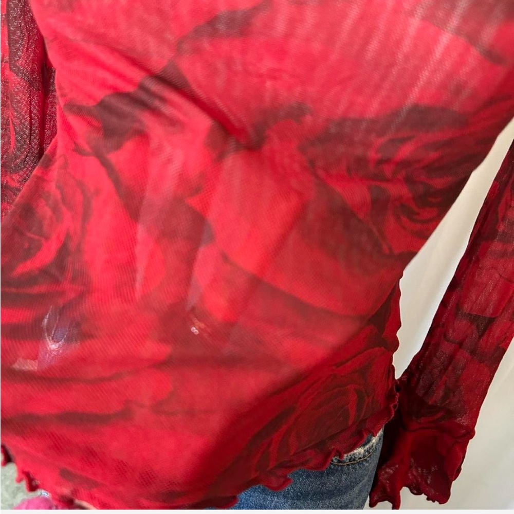Vintage Y2K Therapy by Cheryl Taylor Red floral mesh top fairy grunge - Picture 9 of 9